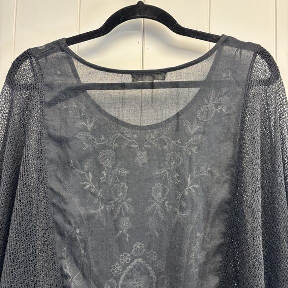 Unity World Wear Black Floral Sheer Blouse Women Large Knit Web Boho Beachy Chic - Picture 9 of 9